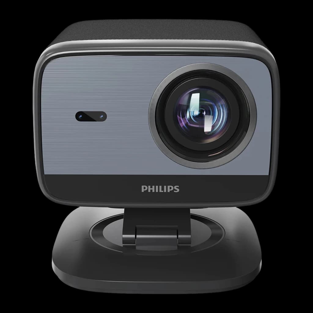 Philips Projecteur NeoPix 450 Smart 1080p Noir, vue de face: grande lentille, panneau gris brossé, logo Philips et socle