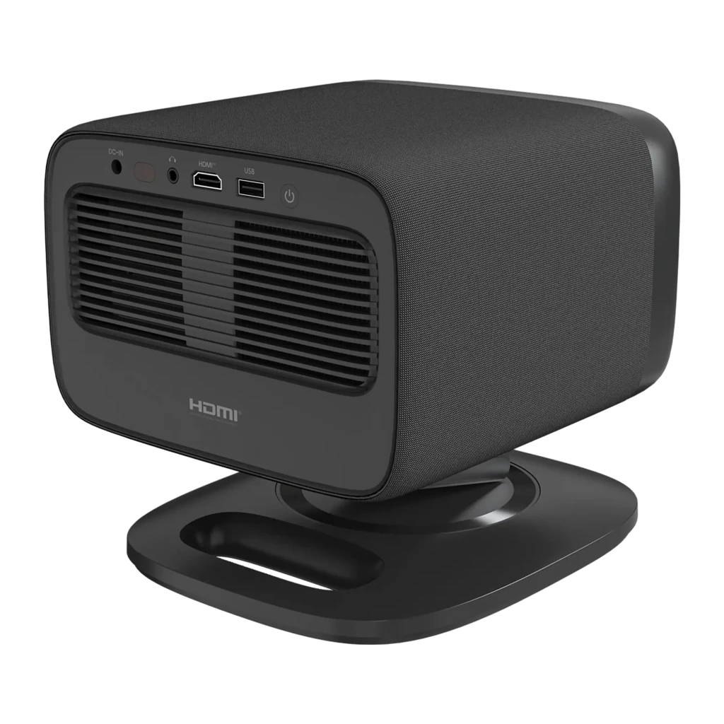 Philips NeoPix 450 Smart 1080p noir, vue avant en angle: objectif éclairé, haut-parleur latéral et support articulé - Ítem4