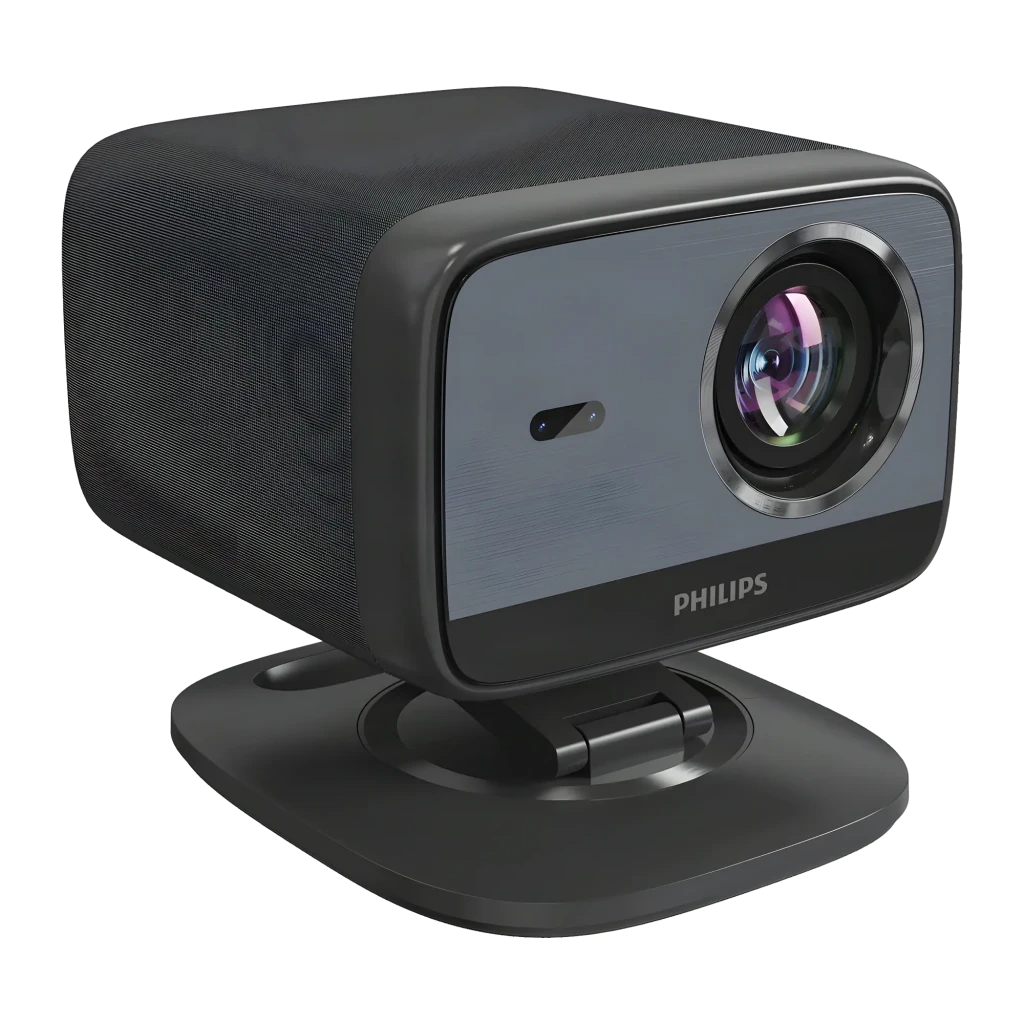 Philips NeoPix 450 Smart 1080p noir, vue avant en angle: objectif éclairé, haut-parleur latéral et support articulé - Ítem5