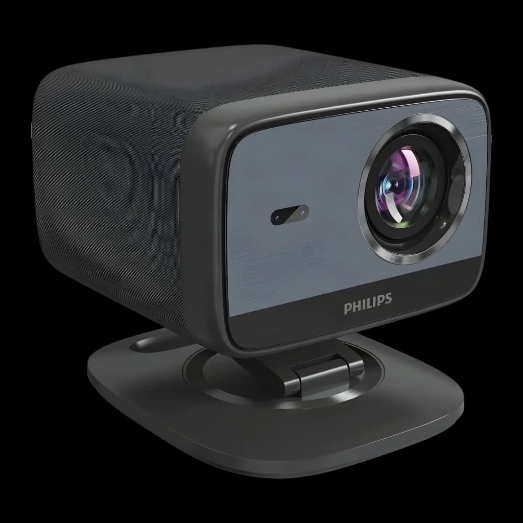 Philips Projecteur NeoPix 450 Smart 1080p Noir, vue avant en angle: objectif, panneau frontal gris et base articulée