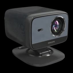 Philips Projecteur NeoPix 450 Smart 1080p Noir, vue avant en angle: objectif, panneau frontal gris et base articulée