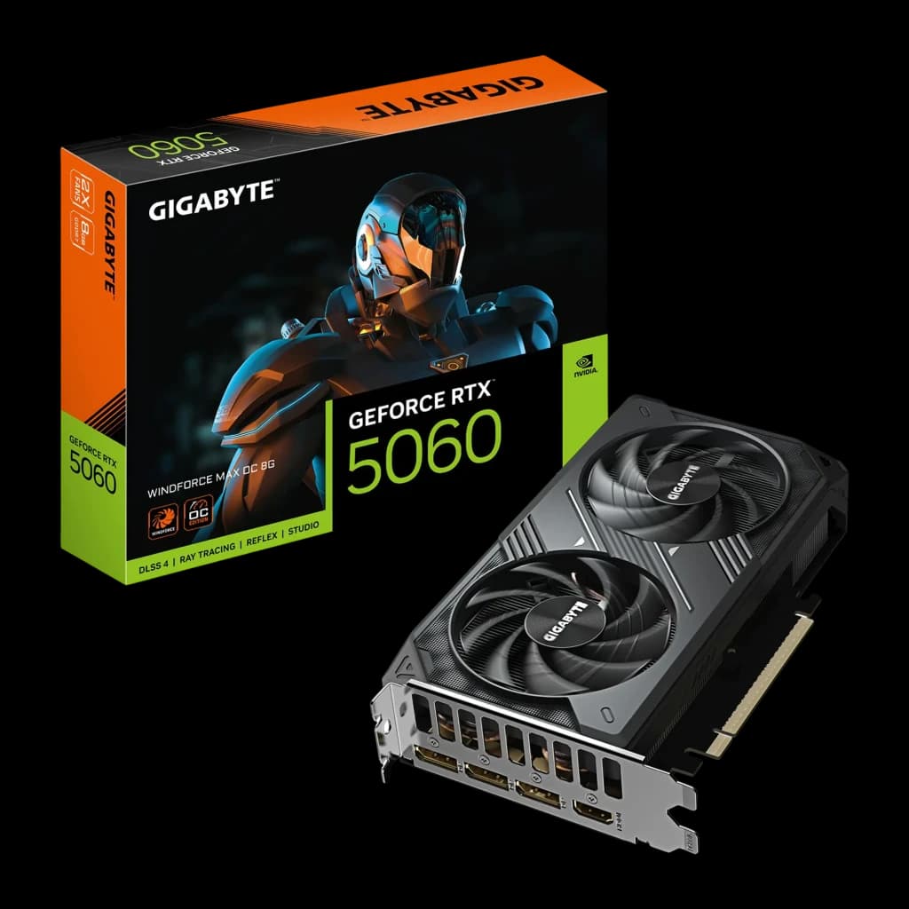 Gigabyte RTX 5060 WINDFORCE MAX OC 8GB negro, kit completo: tarjeta gráfica junto a su caja retail con diseño GeForce RTX