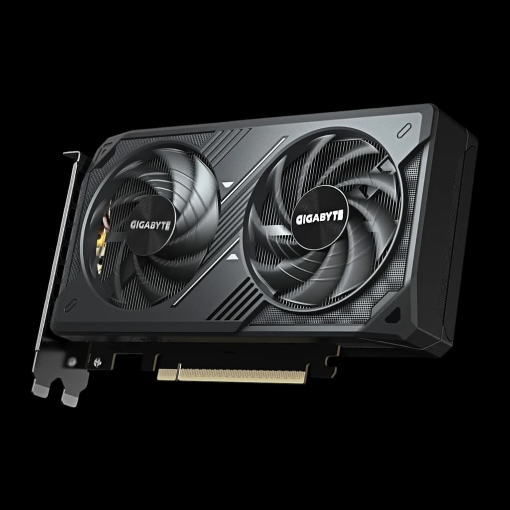 Gigabyte RTX 5060 WINDFORCE MAX OC 8GB negro, vista frontal en ángulo opuesto: dos ventiladores WINDFORCE y perfil