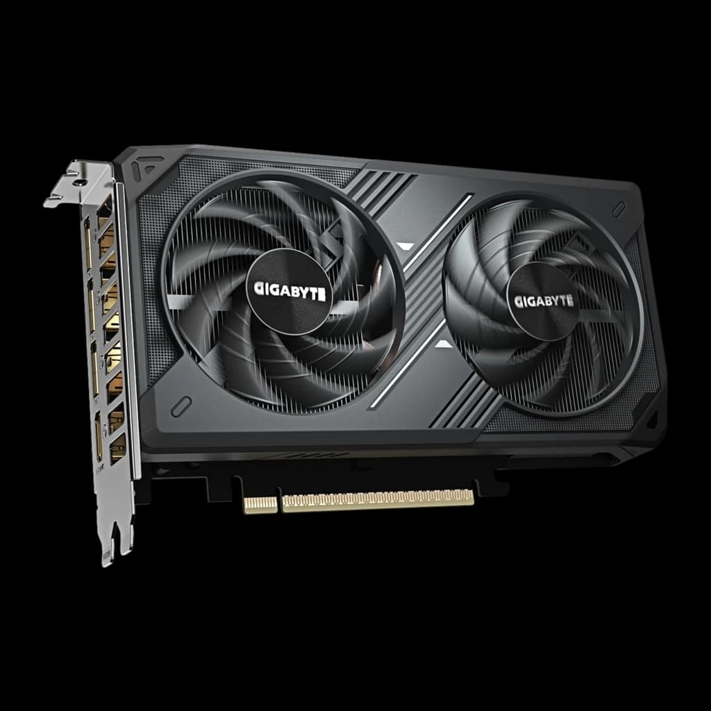 Gigabyte RTX 5060 WINDFORCE MAX OC 8GB negro, vista frontal en ángulo: dos ventiladores WINDFORCE con logo GIGABYTE