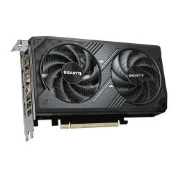 Gigabyte RTX 5060 WINDFORCE MAX OC 8GB negro, vista frontal en ángulo: dos ventiladores WINDFORCE con logo GIGABYTE
