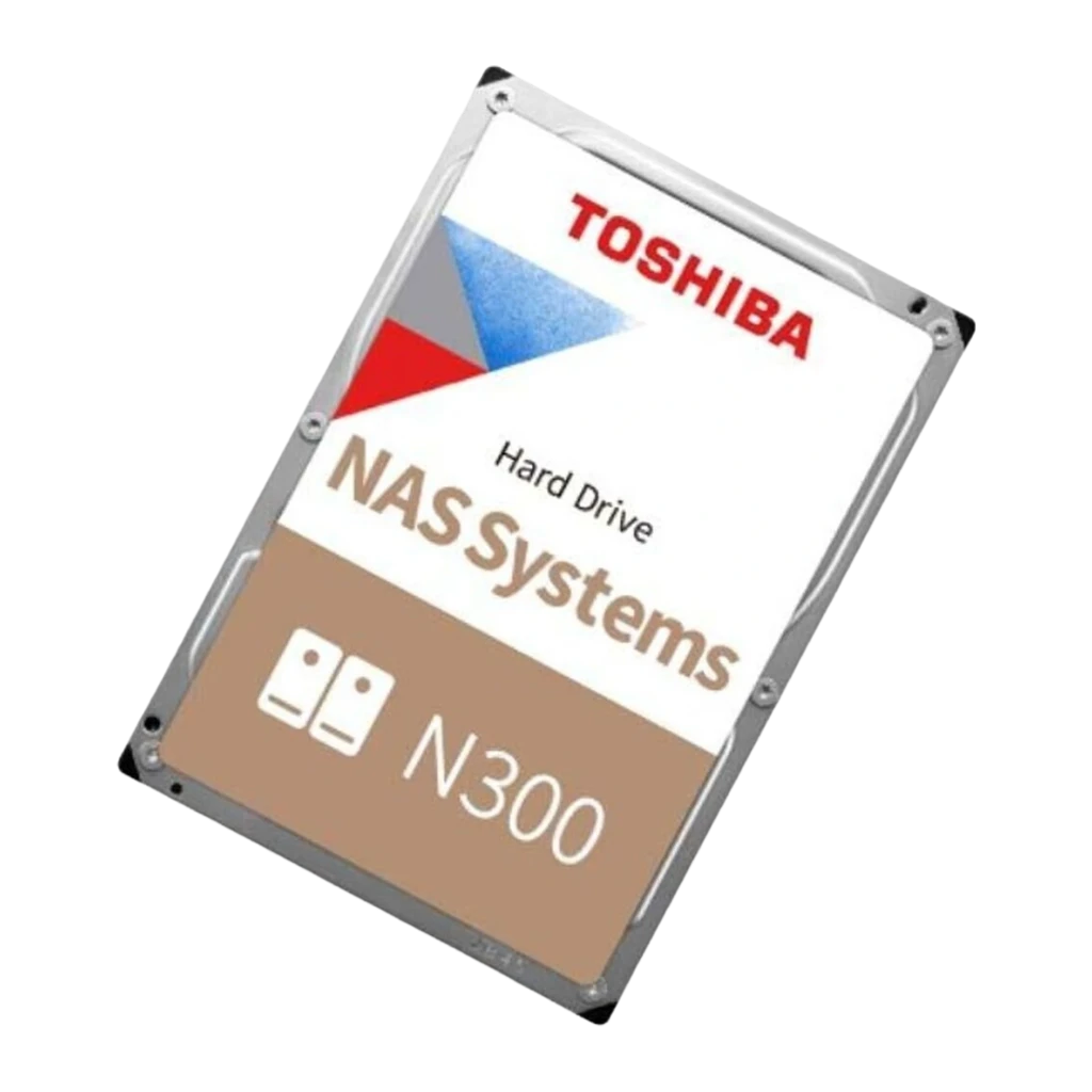 Toshiba N300 NAS 6TB, vue diagonale: étiquette avant avec logo Toshiba, texte NAS Systems et modèle N300