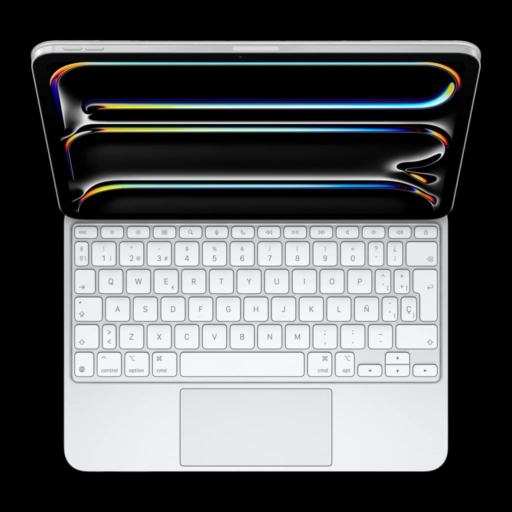 Apple Magic Keyboard iPad Pro 11 Espagnol Blanc, vue du dessus: clavier complet avec trackpad et iPad Pro couplé avec écran