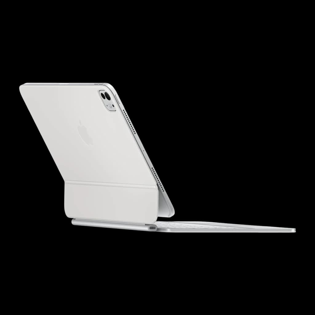 Apple Magic Keyboard iPad Pro 11 Espagnol Blanc, vue arrière latérale: dos de l'iPad Pro avec module caméra et charnière