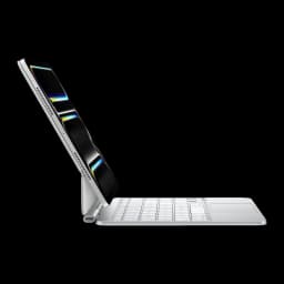 Apple Magic Keyboard iPad Pro 11 Espagnol Blanc, vue latérale: profil fin avec iPad Pro incliné, clavier, trackpad et port