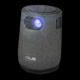 ASUS ZenBeam Latte L1 1080p 300lm cinza, vista frontal: lente LED acesa com luz azul, tecido cinza e logo ASUS