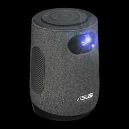 ASUS ZenBeam Latte L1 1080p 300lm cinza, vista lateral: grade do alto-falante visível, lente acesa e controles superiores