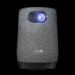 ASUS ZenBeam Latte L1 1080p 300lm LED cinza, vista frontal: lente LED acesa com luz azul e corpo têxtil cinza com logo ASUS
