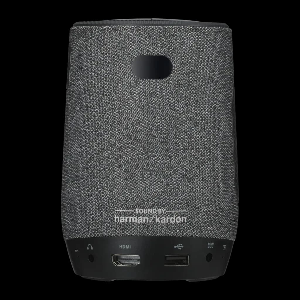 ASUS ZenBeam Latte L1 1080p 300lm cinza, vista traseira: tecido cinza, logo Harman Kardon e portas HDMI USB