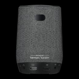 ASUS ZenBeam Latte L1 1080p 300lm cinza, vista traseira: tecido cinza, logo Harman Kardon e portas HDMI USB