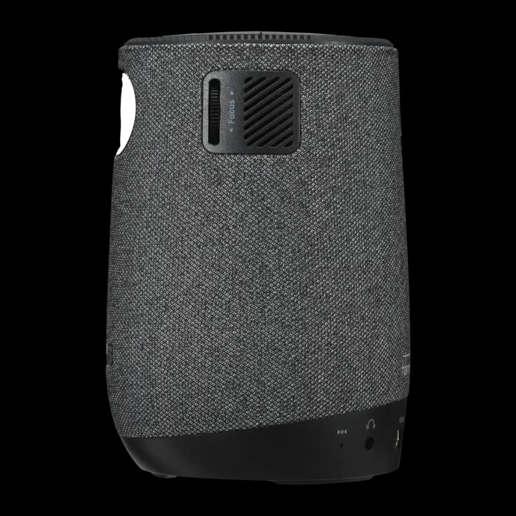 ASUS Projetor ZenBeam Latte L1 1080p Cinza, vista traseira: cobertura de tecido cinza, roda de foco e portas na base