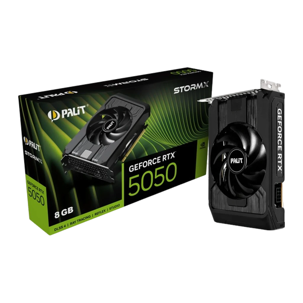 Palit RTX 5050 StormX 8GB negro, vista frontal en ángulo: ventilador Palit, logo GeForce RTX y bracket con puertos HDMI - Ítem2