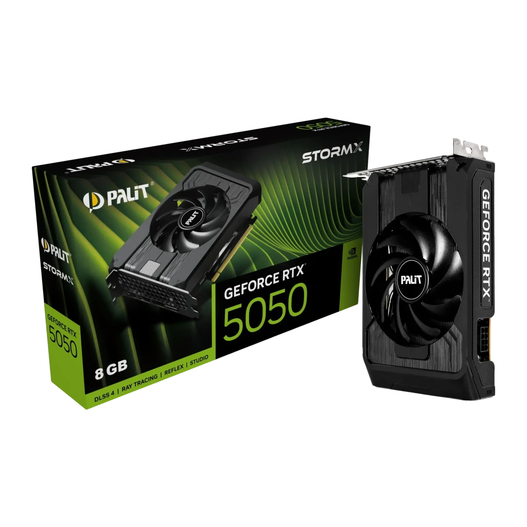 Palit RTX 5050 StormX 8GB negro, vista frontal en ángulo: ventilador Palit, logo GeForce RTX y bracket con puertos HDMI - Ítem3