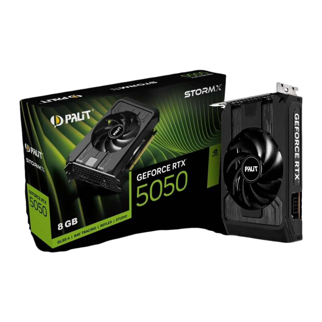 Palit RTX 5050 StormX 8GB negro, vista frontal en ángulo: ventilador Palit, logo GeForce RTX y bracket con puertos HDMI - Ítem4