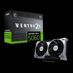 MSI RTX 5060 Ventus 2X OC 8GB GDDR7, tarjeta y caja: GPU con 2 ventiladores plateados junto a caja negra y verde