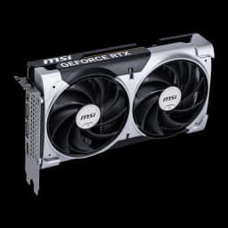 MSI RTX 5060 Ventus 2X OC 8GB plata, vista en ángulo: bracket con puertos, texto GeForce RTX en la cubierta