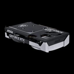MSI RTX 5060 Ventus 2X OC 8GB, vista lateral inferior: backplate negro con logo dragón y conector de alimentación visible