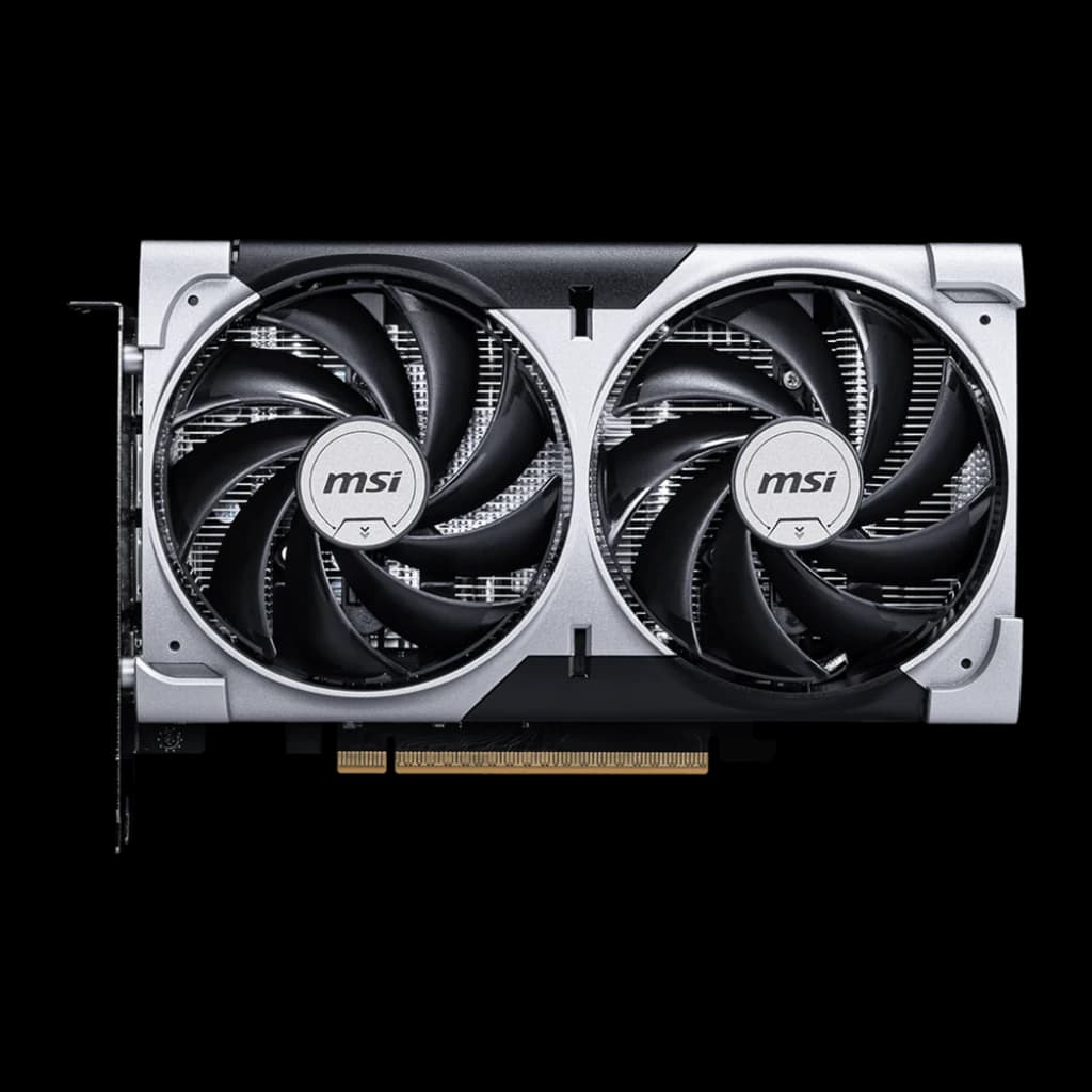 MSI RTX 5060 Ventus 2X OC 8GB plata, vista frontal: dos ventiladores con logo MSI y disipador plateado