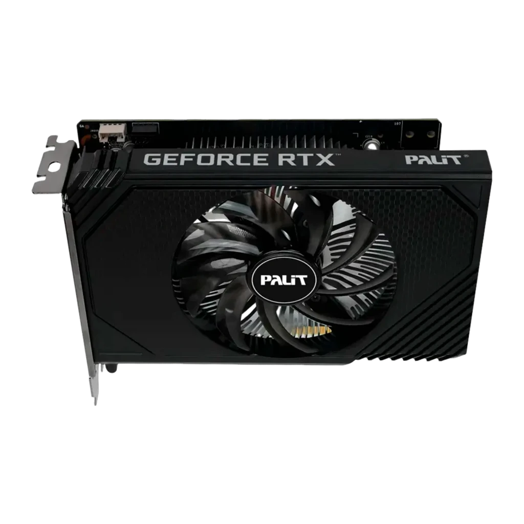 Palit RTX 3050 StormX 6GB negra, contenido del kit: tarjeta gráfica junto a su caja blanca con diseño RTX 3050 StormX 6GB - Ítem2