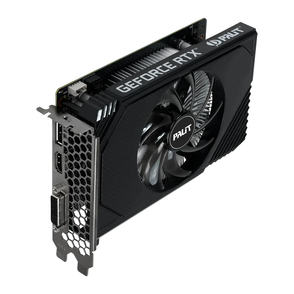 Palit RTX 3050 StormX 6GB negra, contenido del kit: tarjeta gráfica junto a su caja blanca con diseño RTX 3050 StormX 6GB - Ítem1