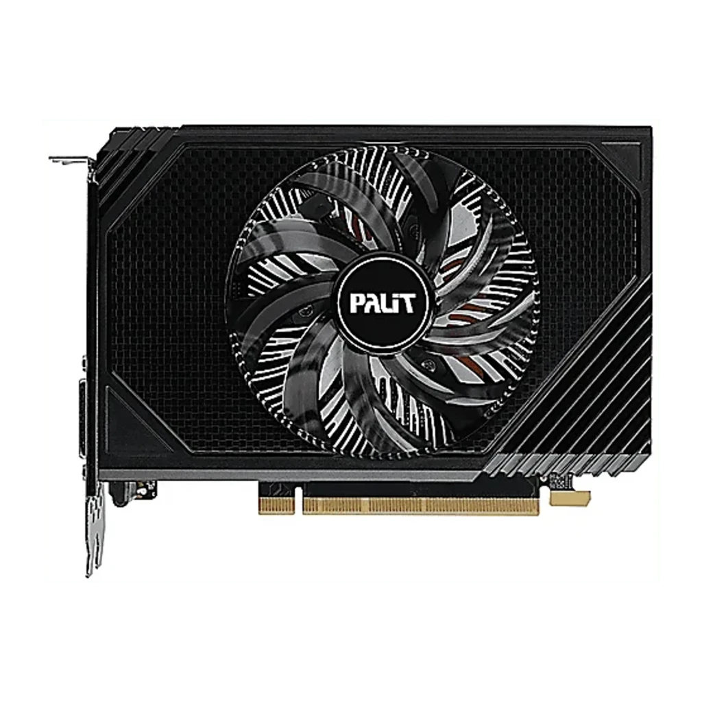 Palit RTX 3050 StormX 6GB negra, contenido del kit: tarjeta gráfica junto a su caja blanca con diseño RTX 3050 StormX 6GB - Ítem3