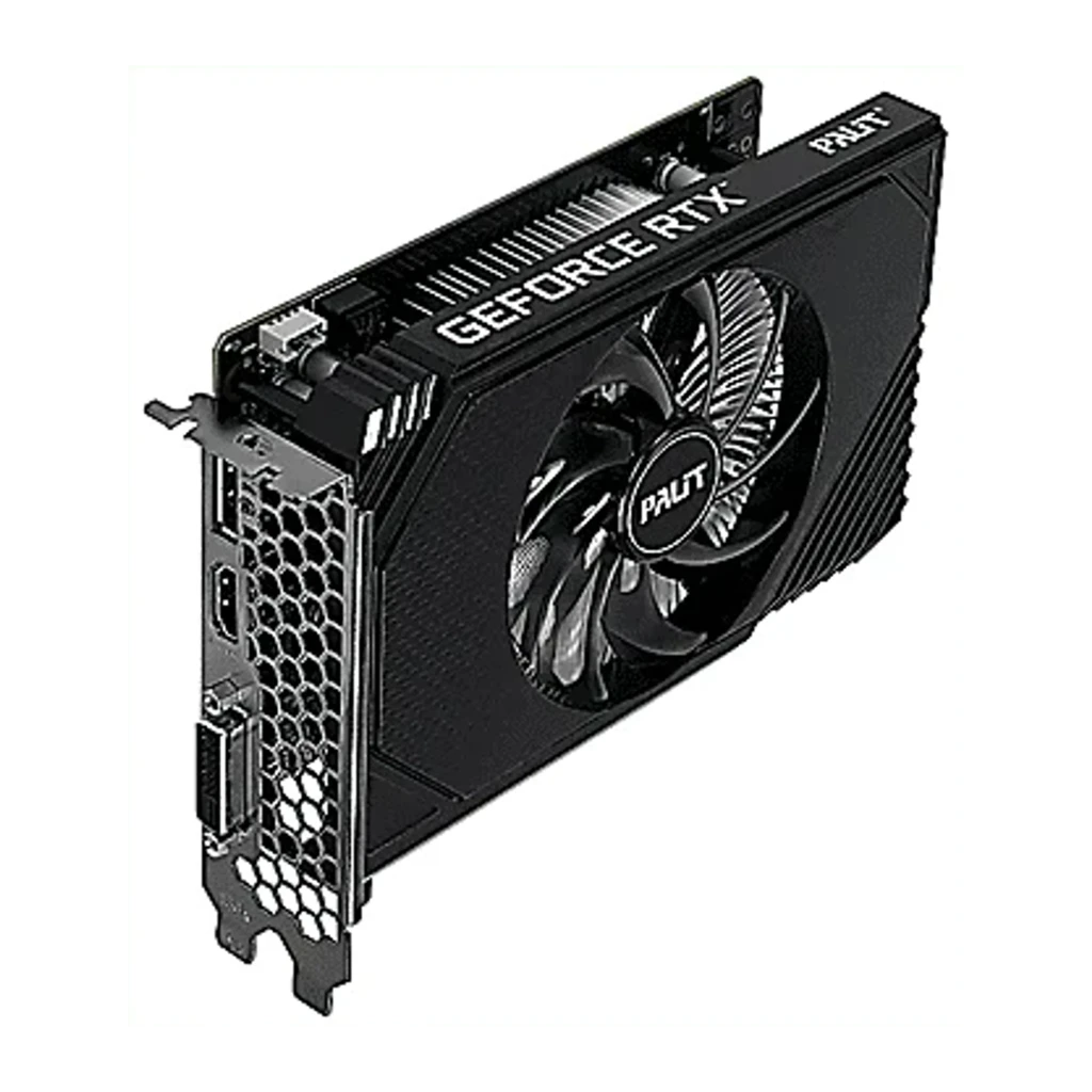 Palit RTX 3050 StormX 6GB negra, contenido del kit: tarjeta gráfica junto a su caja blanca con diseño RTX 3050 StormX 6GB - Ítem4