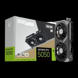 ZOTAC Gaming RTX 5050 Twin Edge OC 8GB gris, kit con caja: tarjeta gráfica en ángulo junto a caja verde y gris