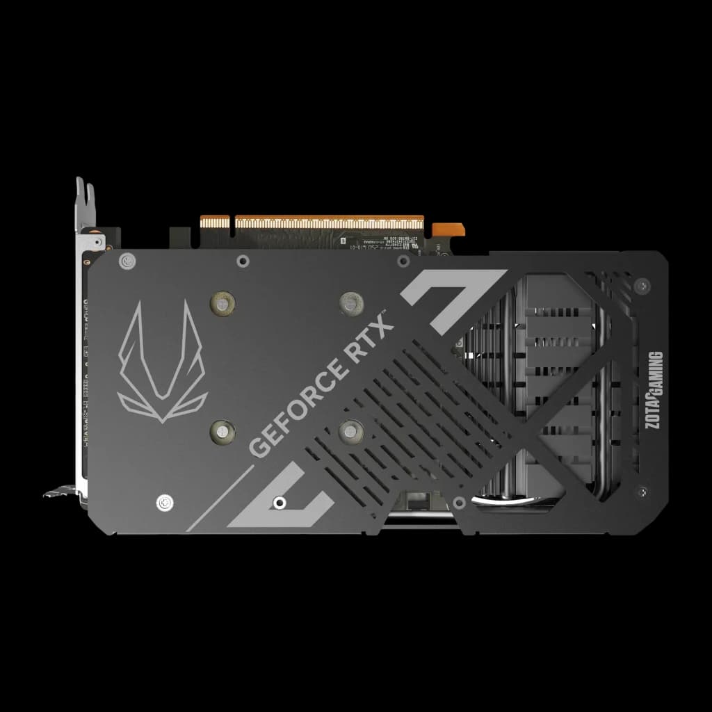 ZOTAC Gaming RTX 5050 Twin Edge OC 8GB gris, vista trasera: backplate con logo GeForce RTX y rejilla de ventilación