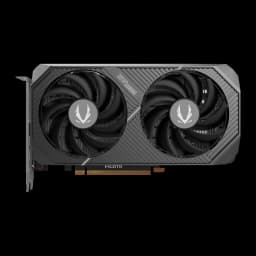 ZOTAC Gaming RTX 5050 Twin Edge OC 8GB gris, vista frontal: 2 ventiladores con logo ZOTAC y conector PCIe dorado