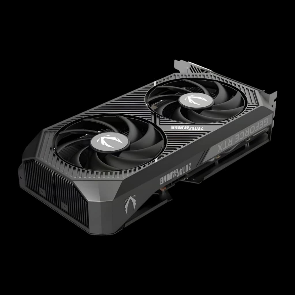 ZOTAC RTX 5050 Twin Edge OC 8GB negro, vista diagonal superior: 2 ventiladores, disipador estriado y logo GeForce RTX