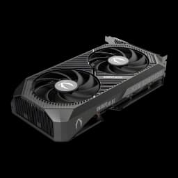 ZOTAC RTX 5050 Twin Edge OC 8GB negro, vista diagonal superior: 2 ventiladores, disipador estriado y logo GeForce RTX