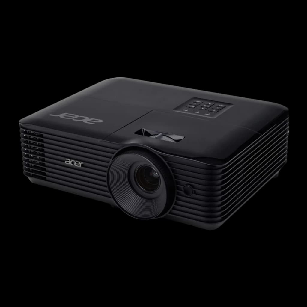 Acer Projecteur X129H Noir, vue avant gauche: objectif, grilles de ventilation latérales et panneau de commande supérieur