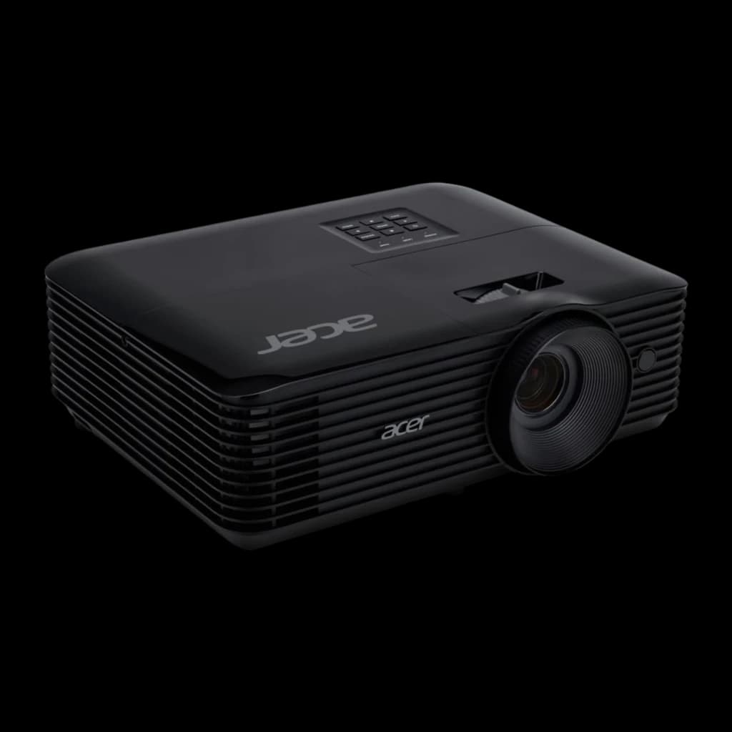 Acer Projecteur X129H Noir, vue avant droite: objectif, grilles de ventilation et logo Acer sur le panneau latéral