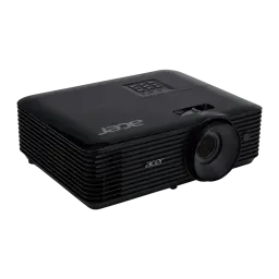 Acer Projecteur X129H Noir, vue avant droite: objectif, grilles de ventilation et logo Acer sur le panneau latéral