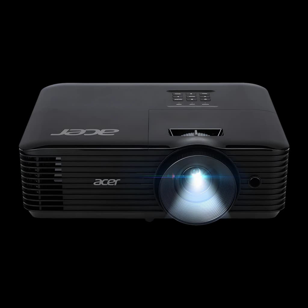 Acer Projecteur X129H Noir, vue avant-supérieure: objectif éclairé, grilles de ventilation et panneau de boutons