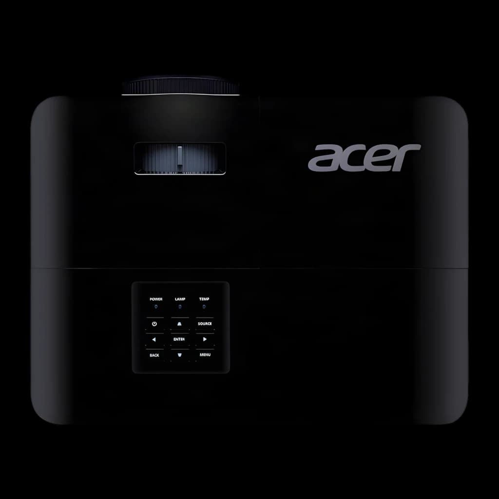 Acer Projecteur X129H noir, vue du dessus: objectif, grille de ventilation, logo Acer et panneau de boutons de commande