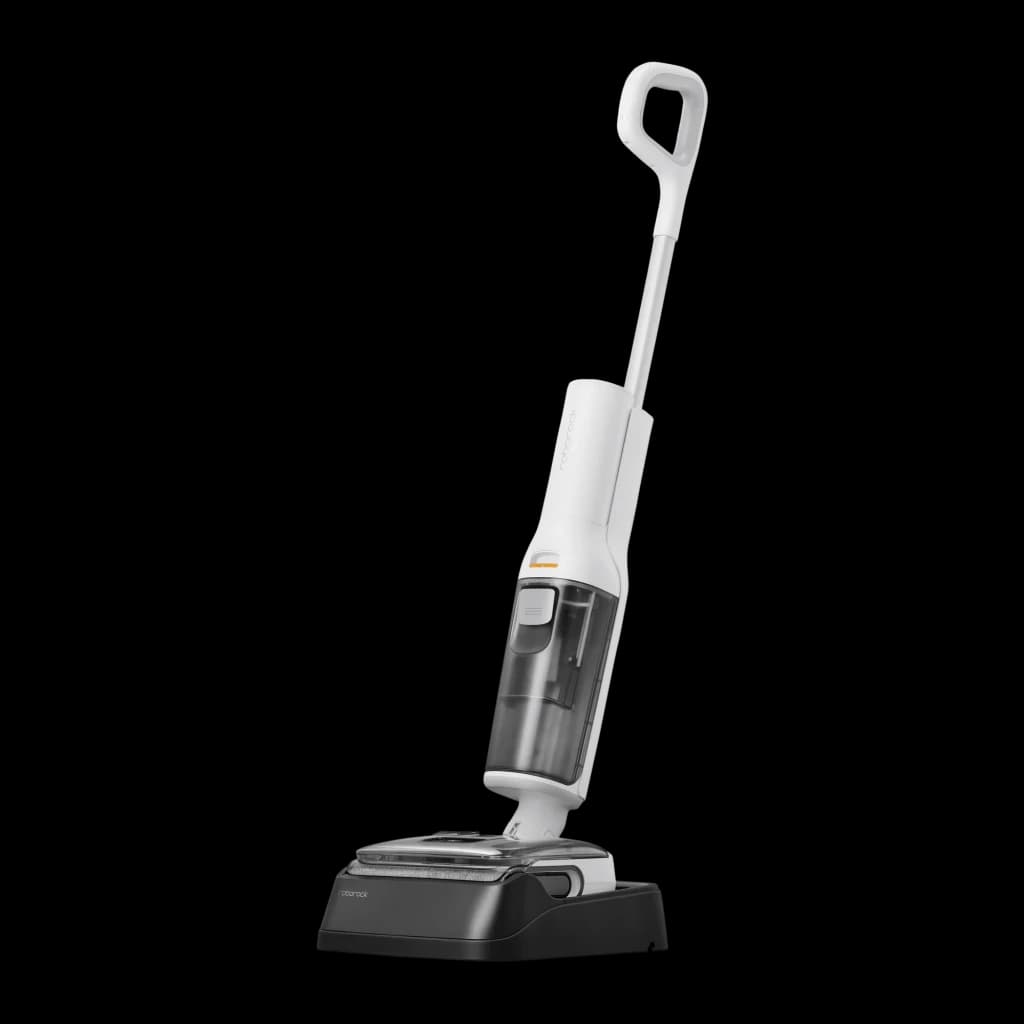Roborock F25 RT 2,5Ah blanco, vista lateral: aspiradora escoba en base de carga con depósito transparente