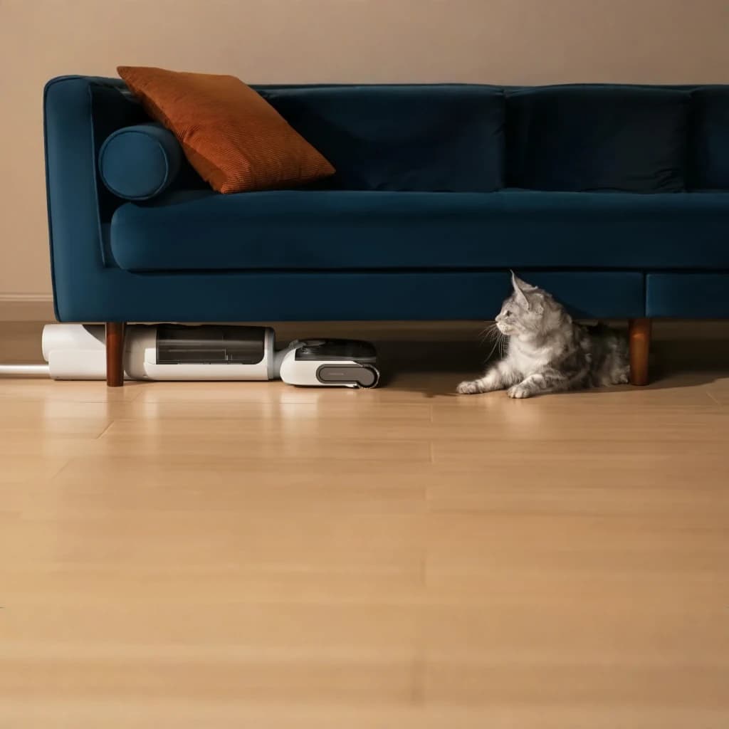 Roborock F25 RT 2,5Ah blanco, escena hogar: aspiradora bajo sofá azul en suelo laminado junto a gato gris