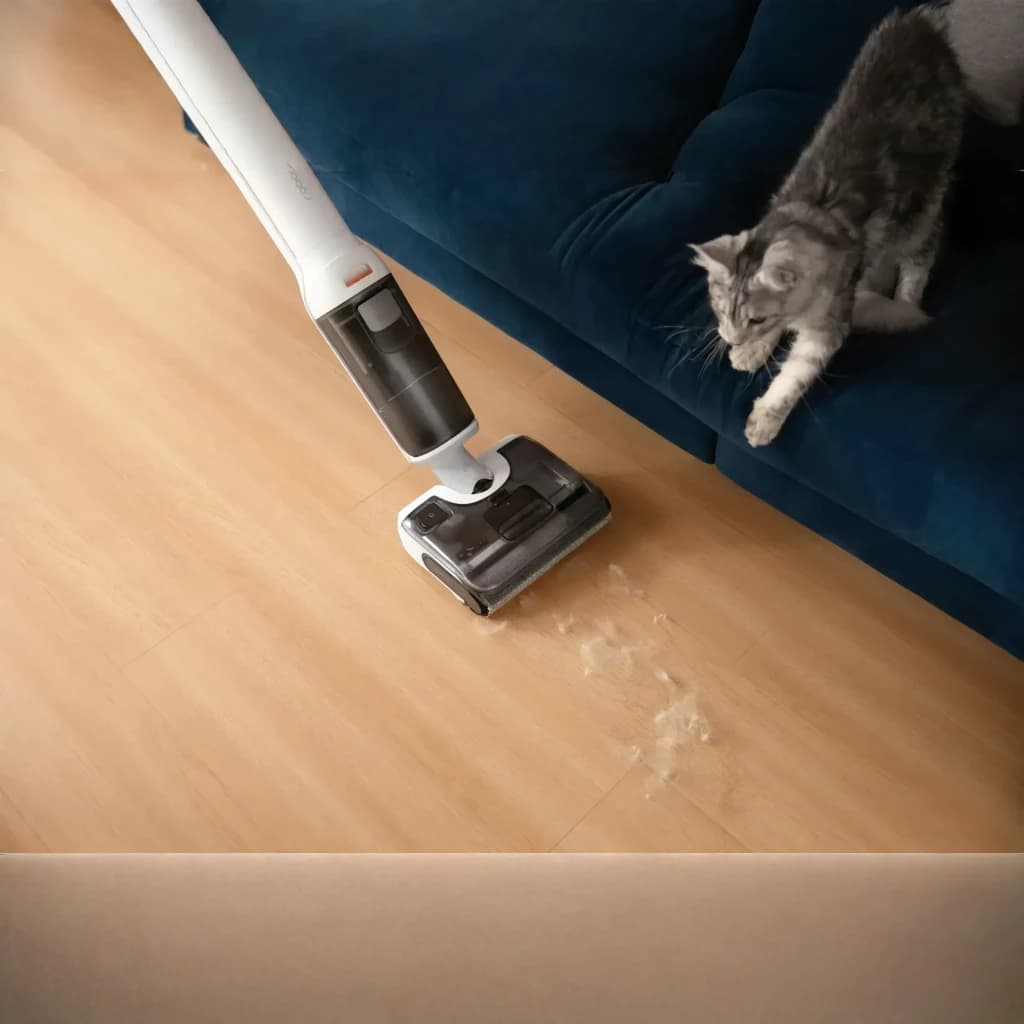 Roborock F25 RT 2,5Ah blanco, en uso: cabezal limpiando pelo de gato en suelo laminado junto a sofá azul