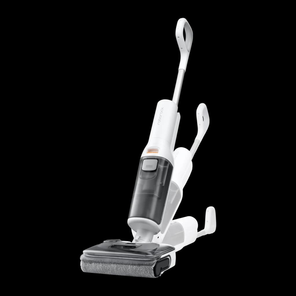 Roborock F25 RT 2,5 Ah blanco, vista lateral en ángulo: depósito transparente, cabezal fregona y base de carga