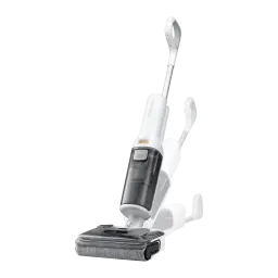 Roborock F25 RT 2,5 Ah blanco, vista lateral en ángulo: depósito transparente, cabezal fregona y base de carga