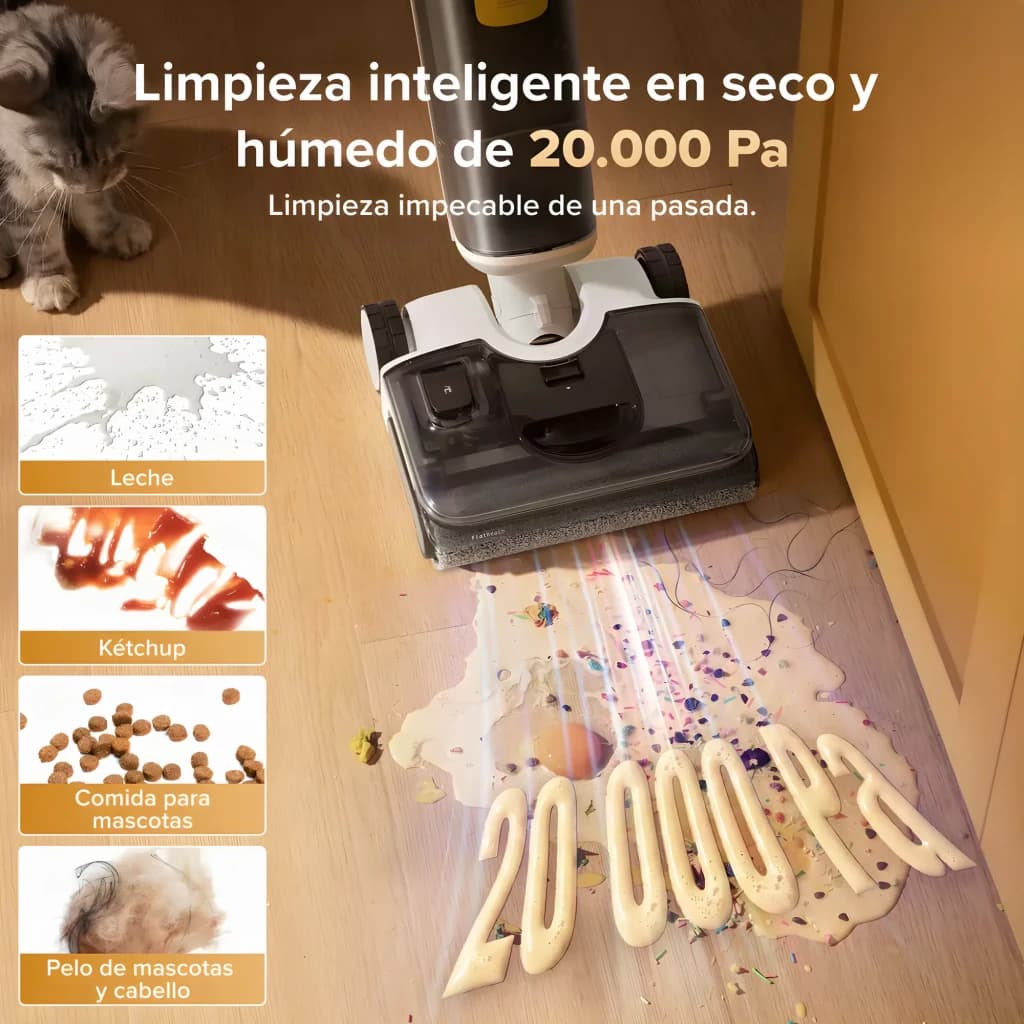 Roborock F25 RT 2,5Ah Blanco, uso: cabezal limpiando suelo con manchas de leche, kétchup y confeti a 20000 Pa