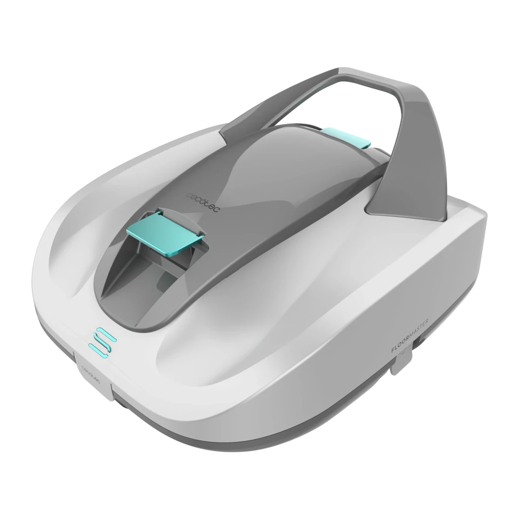 Cecotec Conga Pooldroid 3000 FloorMaster Gris, vue en perspective: poignée de transport, couvercle gris et détails turquoise