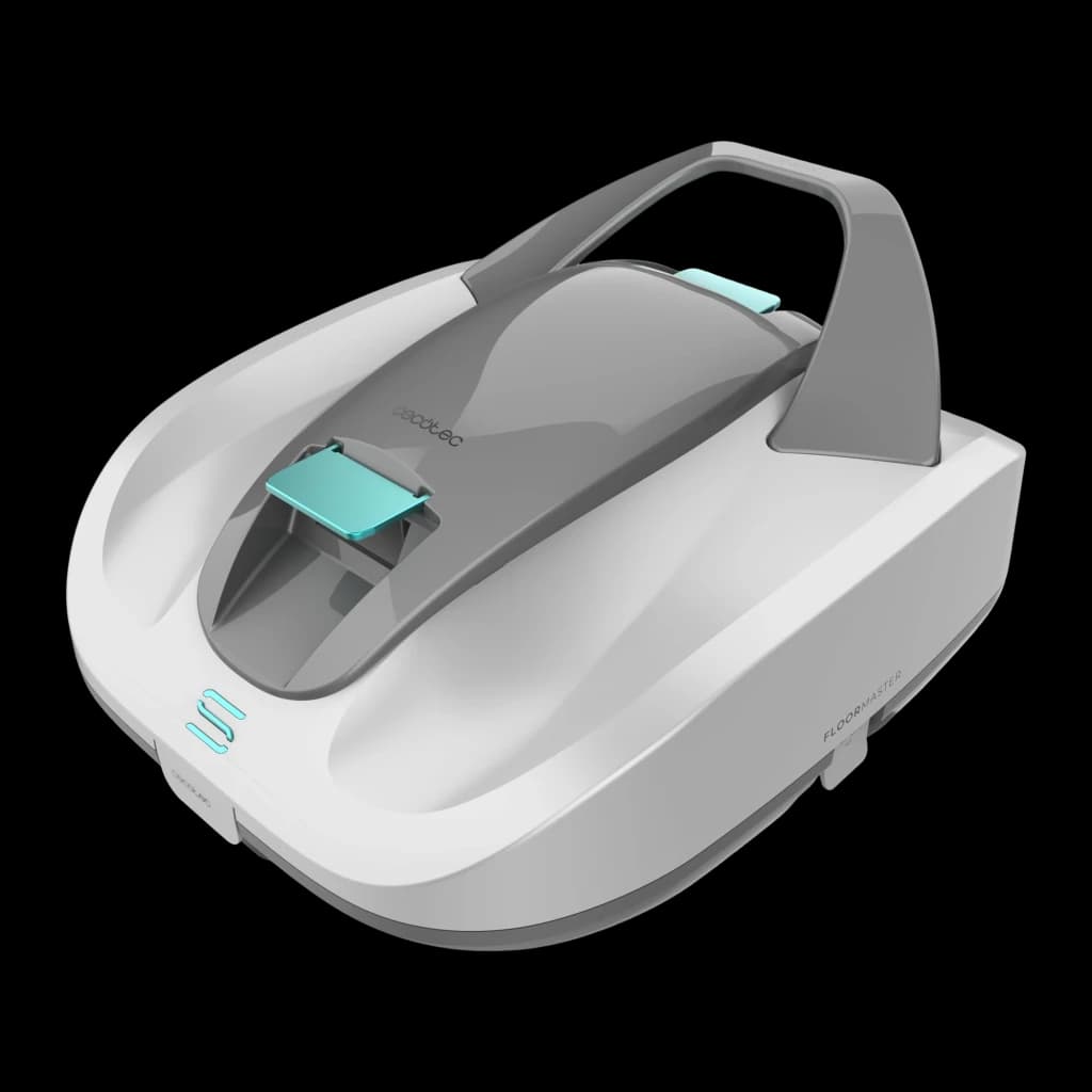 Cecotec Conga Pooldroid 3000 FloorMaster Gris, vue en perspective: poignée de transport, couvercle gris et détails turquoise