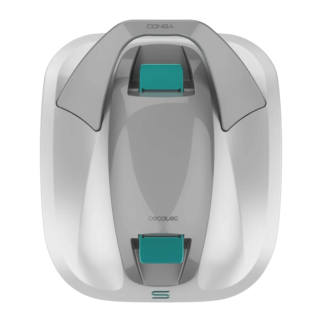 Cecotec Conga Pooldroid 3000 FloorMaster Gris, vue du dessus: trois filtres turquoise et logo Conga visibles depuis le haut