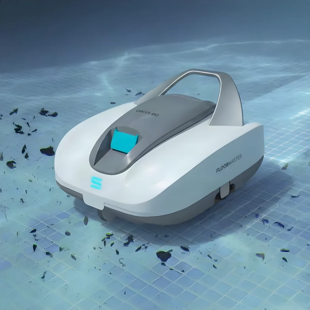 Cecotec Conga Pooldroid 3000 FloorMaster Gris, vue en perspective: robot nettoyant le fond d'une piscine avec débris visibles